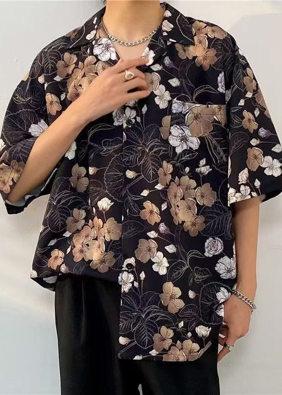 Black Print Pockets Cotton Shirts Peter Pan Collar Half Sleeve
