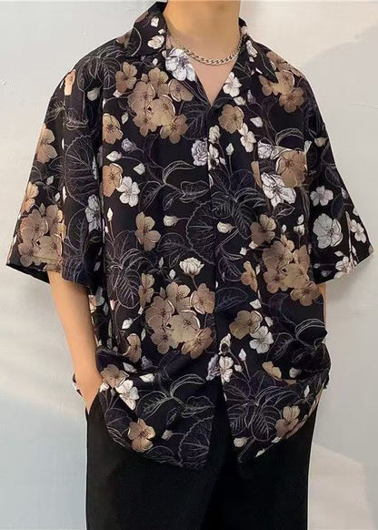Black Print Pockets Cotton Shirts Peter Pan Collar Half Sleeve