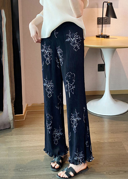 Black Print Ruffled Cotton Thin Crop Pants Elastic Waist