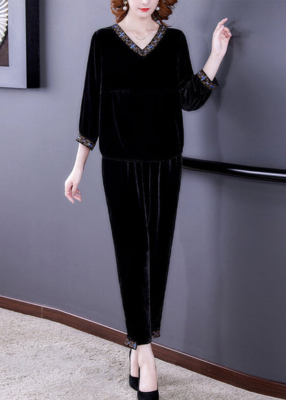 Black Print Silk Velour Top and Beam Pants Two Pieces Set Long Sleeve