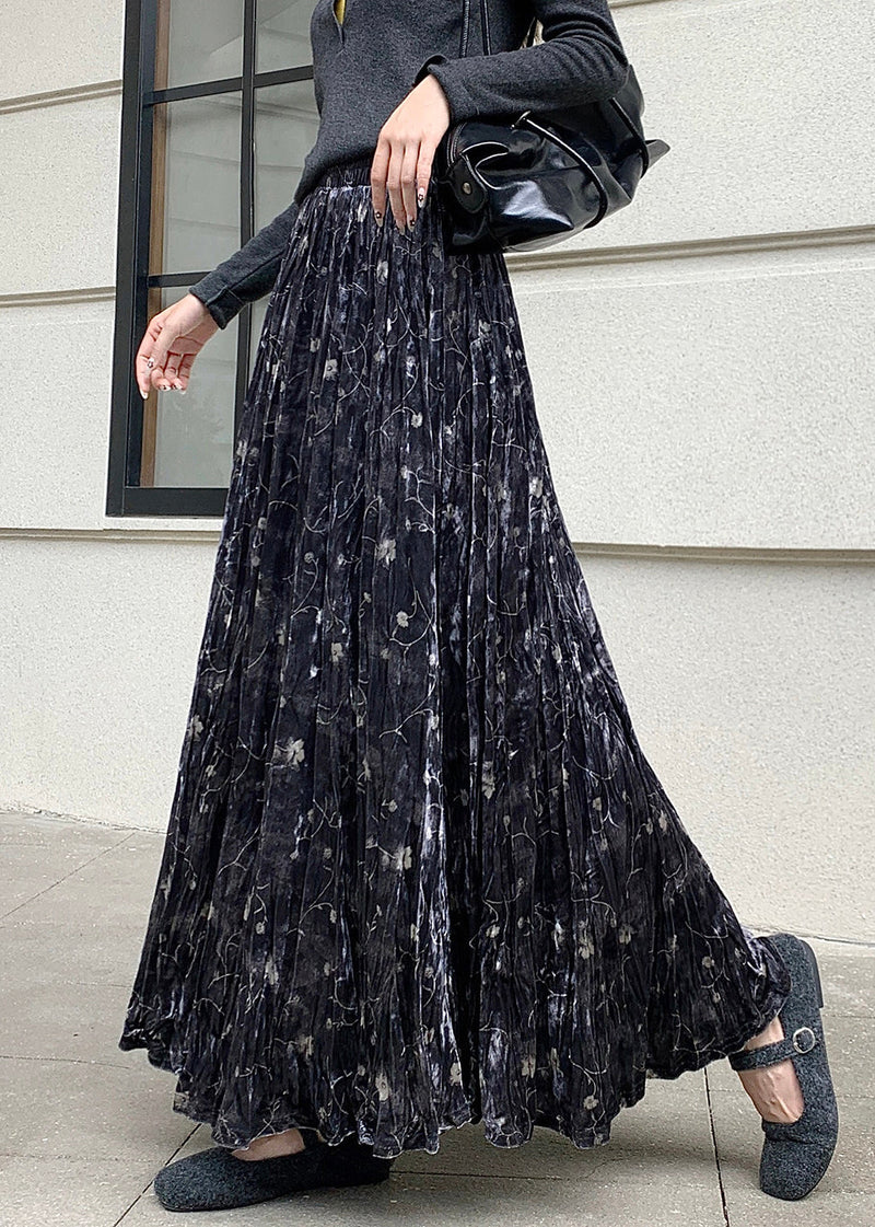 Black Print Silk Velvet Holiday Skirts Exra Large Hem Spring