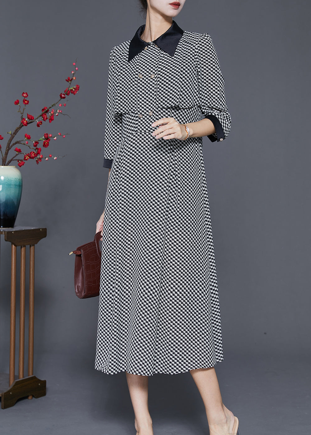 Black Print Silm Fit Chiffon a Line Dress Double Breast Spring