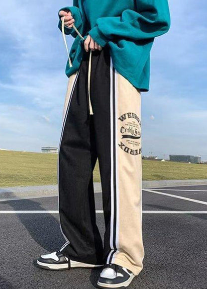 Black Print Striped Patchwork Cotton Pants Elastic Waist