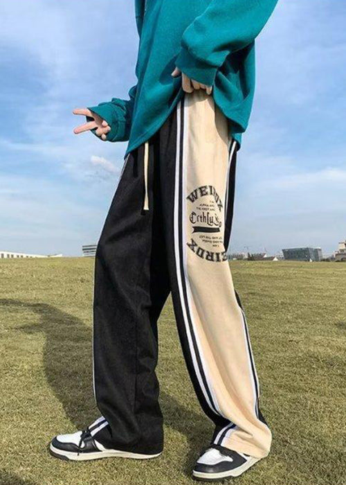 Black Print Striped Patchwork Cotton Pants Elastic Waist