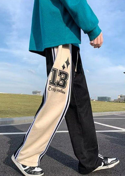 Black Print Striped Patchwork Cotton Pants Elastic Waist