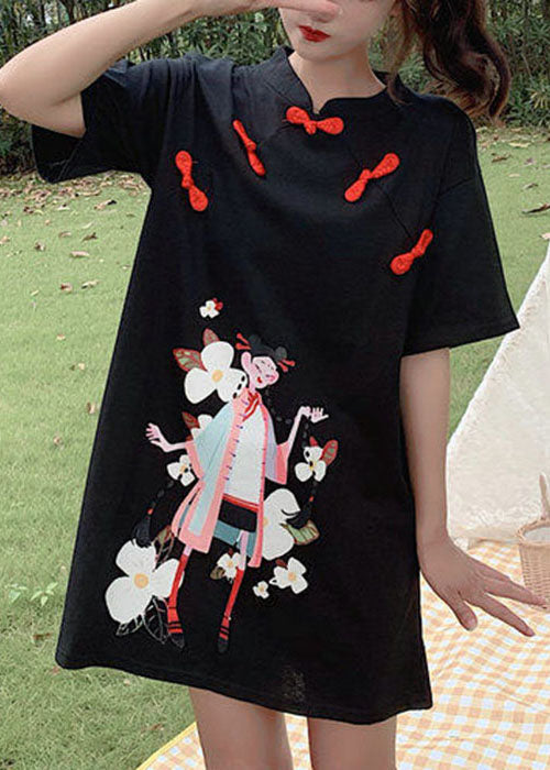 Black Print Student Dress Button Zip Up Short Sleeve