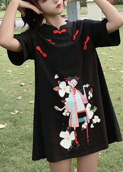 Black Print Student Dress Button Zip Up Short Sleeve