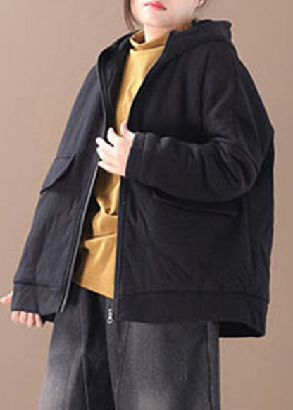 Black Print Thick Fine Cotton Filled Parka Zip Up Hooded Winter