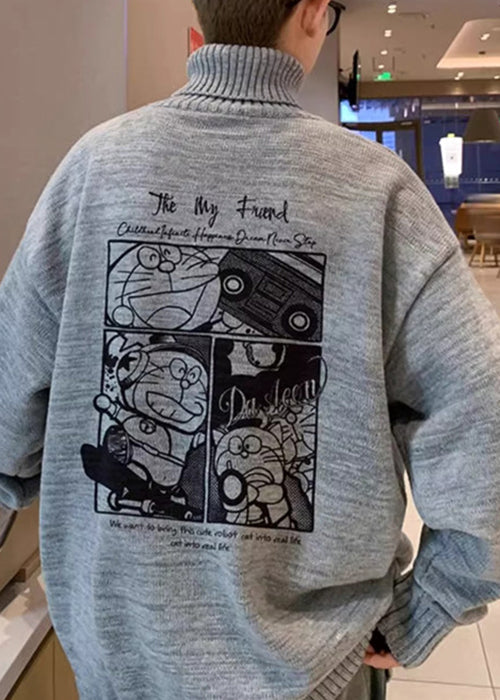 Black Print Thick Knit Sweaters Tops Turtleneck