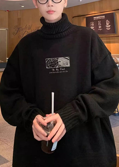 Black Print Thick Knit Sweaters Tops Turtleneck