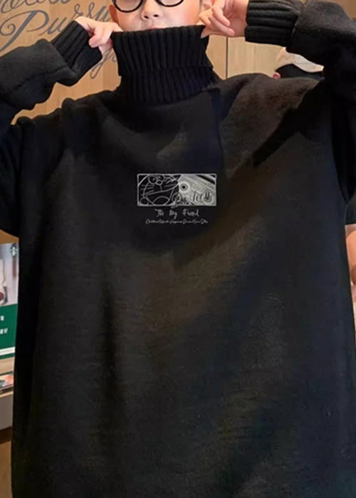 Black Print Thick Knit Sweaters Tops Turtleneck
