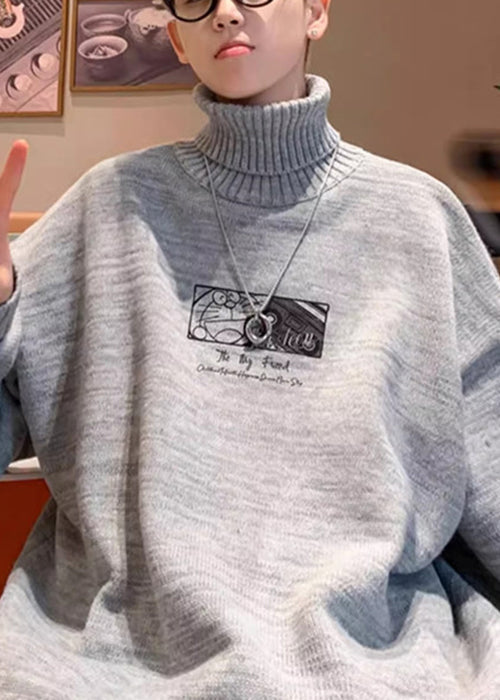Black Print Thick Knit Sweaters Tops Turtleneck
