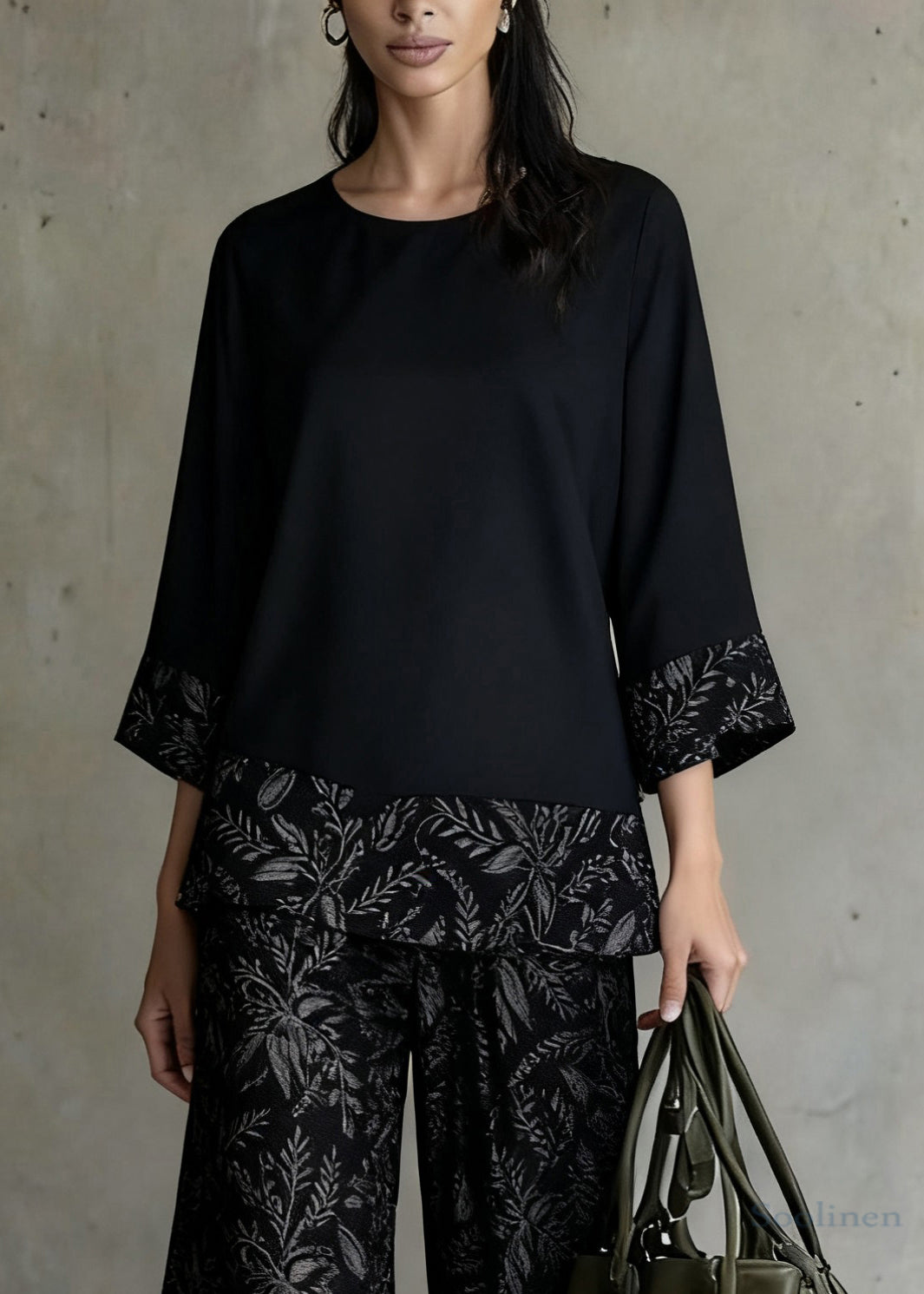 Black Print Tops and Wide Leg Pants Patchwork Silk Two Pieces Set O-neck Spring