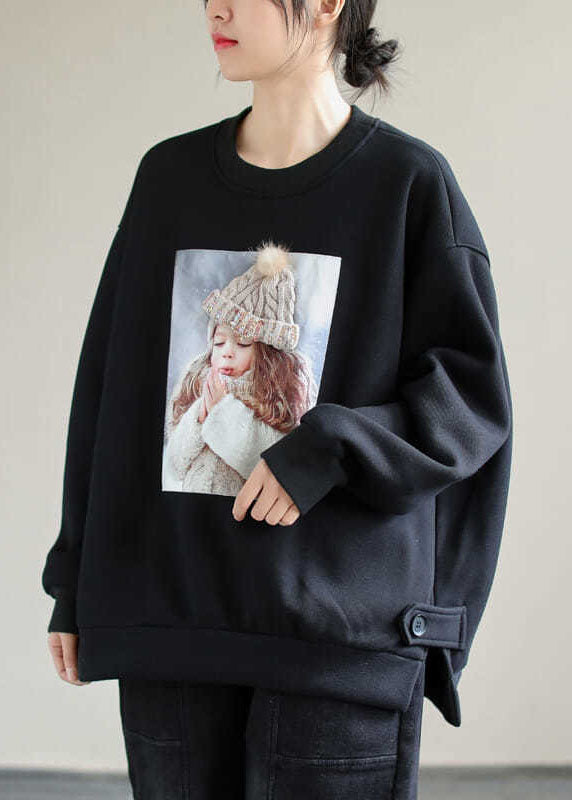Black Print Warm Fleece Loose Pullover Sweatshirt O-neck Winter