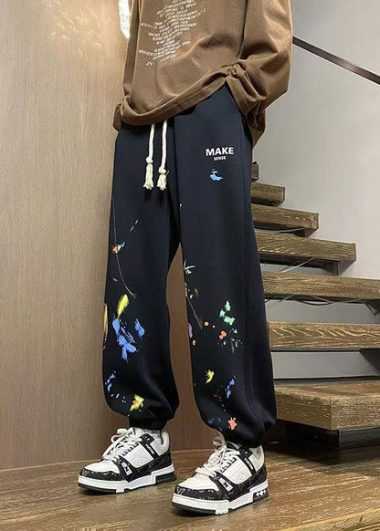 Black Print Warm Fleece Spring Beam Pants Elastic Waist
