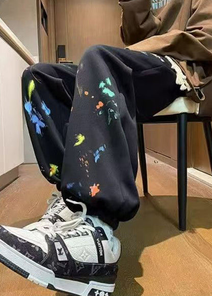 Black Print Warm Fleece Spring Beam Pants Elastic Waist