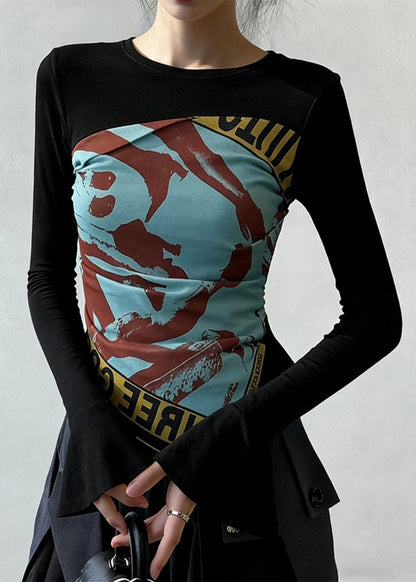 Black Print Wrinkled Patchwork False Two Pieces Cotton T Shirt Flare Sleeve