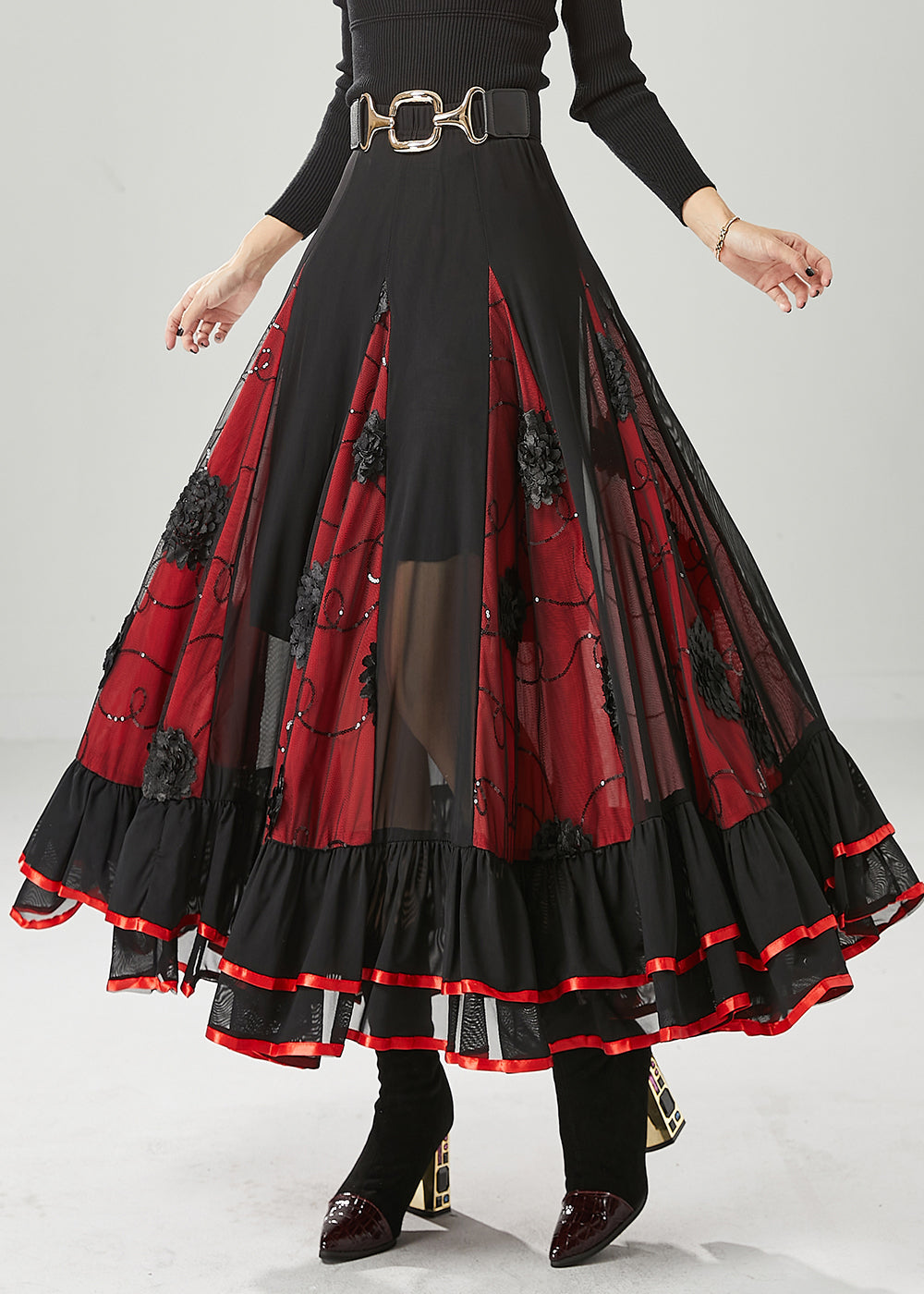 Black Red Patchwork Chiffon Skirt Exra Large Hem Fall