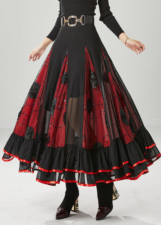 Black Red Patchwork Chiffon Skirt Exra Large Hem Fall