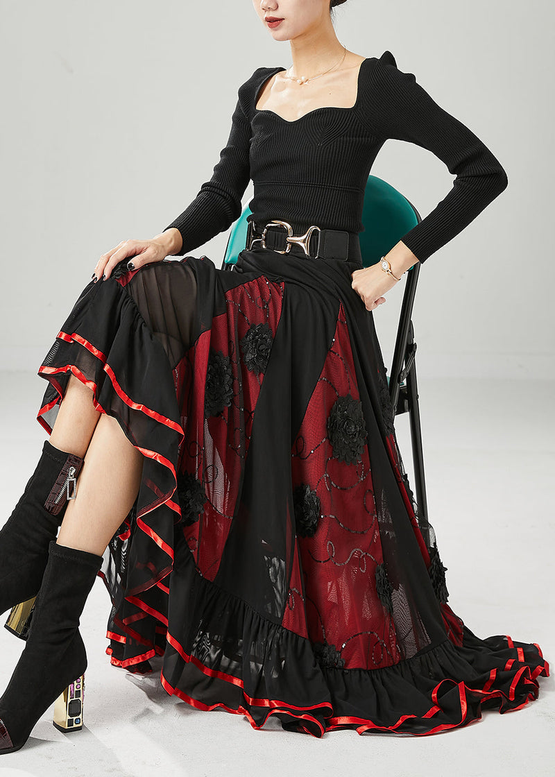 Black Red Patchwork Chiffon Skirt Exra Large Hem Fall