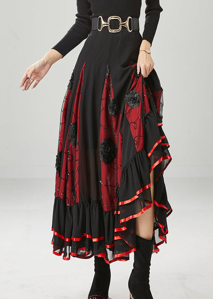 Black Red Patchwork Chiffon Skirt Exra Large Hem Fall