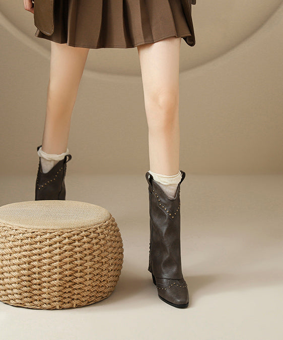 Black Rivet Chunky Faux Leather Soft Splicing Boots Pointed Toe
