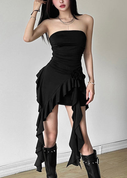 Black Ruffled Cotton Top Asymmetrical Summer Dress