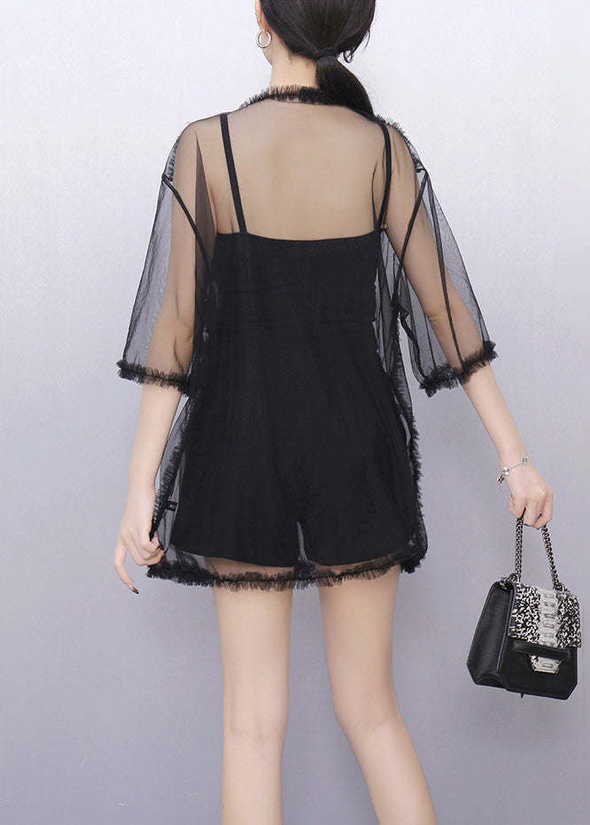 Black Ruffled Tulle Top V Neck Half Sleeve