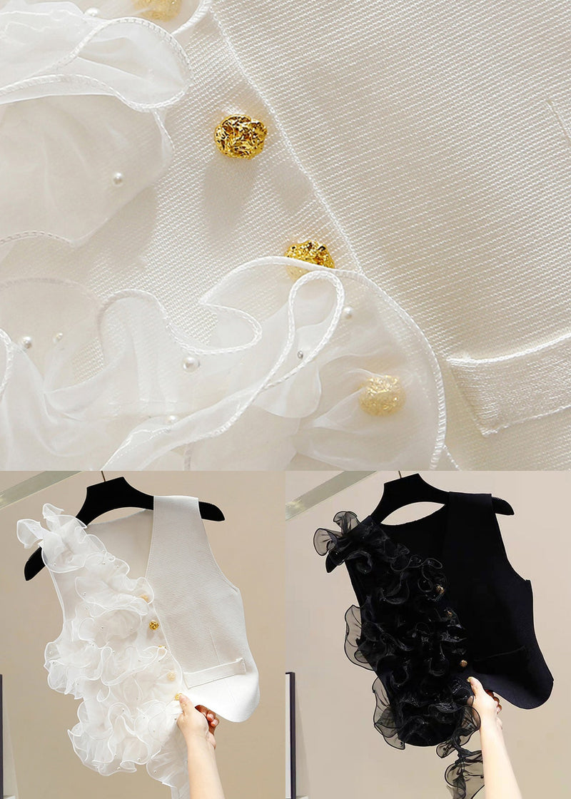 Black Ruffled Tulle Patchwork Cotton Waistcoat V Neck Summer
