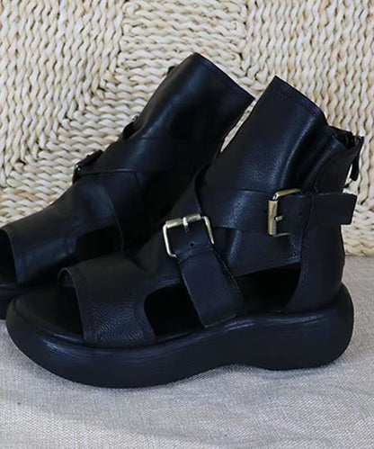 Black Sandals Boots Platform Cowhide Leather Splicing Peep Toe