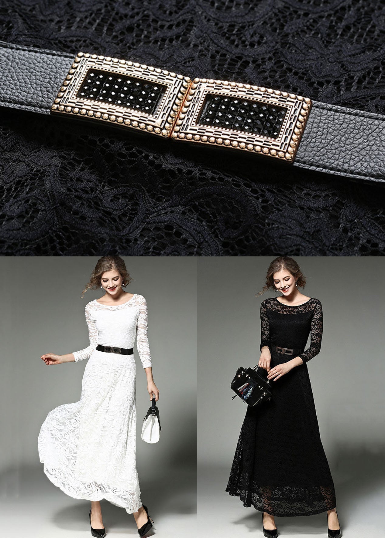 Black Sashes Patchwork Slim Fit Lace Long Dresses O-neck Bracelet Sleeve