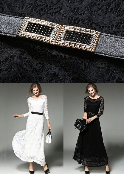 Black Sashes Patchwork Slim Fit Lace Long Dresses O-neck Bracelet Sleeve
