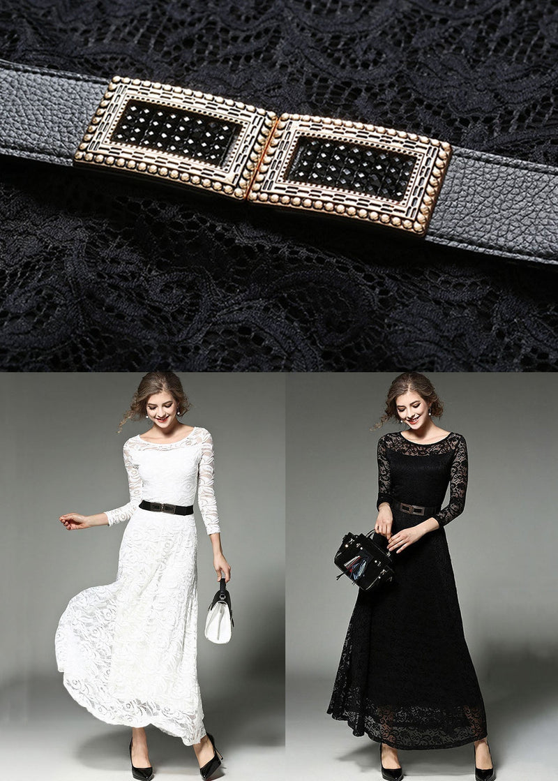 Black Sashes Patchwork Slim Fit Lace Long Dresses O-neck Bracelet Sleeve