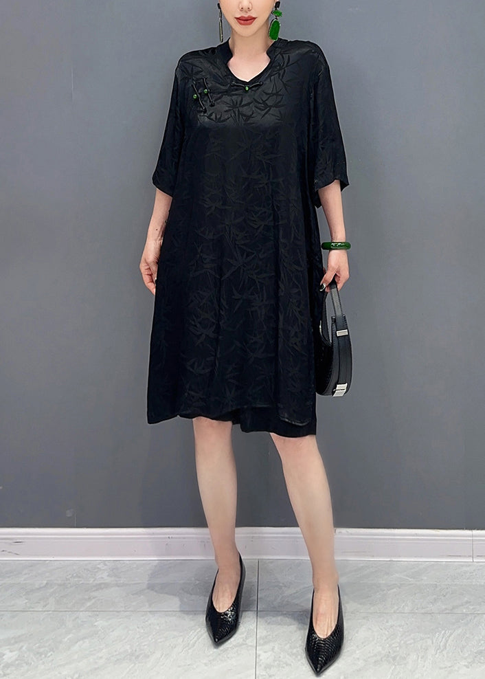 Black Shirts and Shorts Silk Two Pieces Set Chinese Button Summer