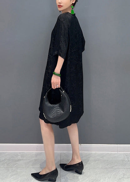 Black Shirts and Shorts Silk Two Pieces Set Chinese Button Summer