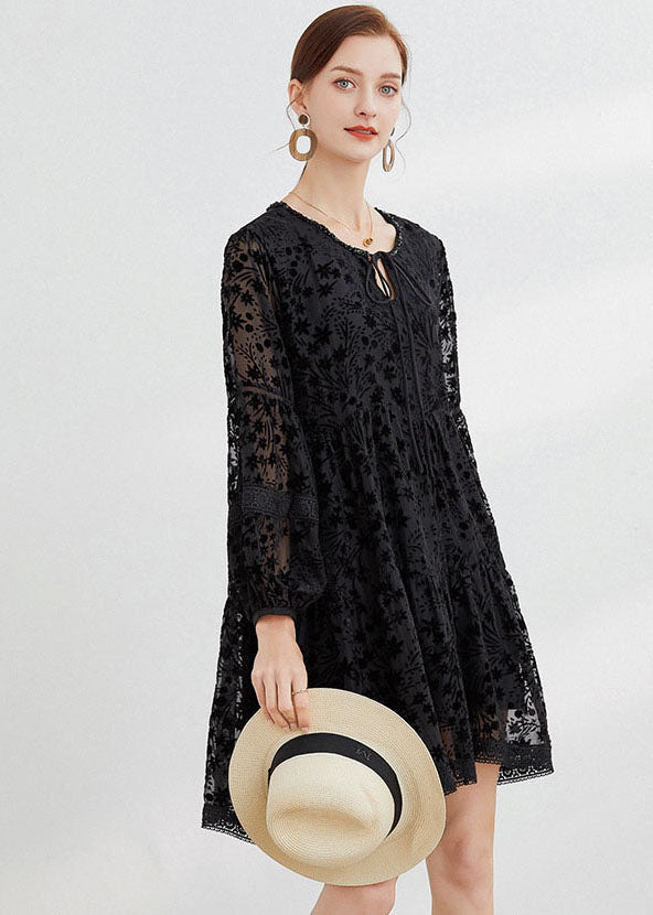 Black Silk Velour Dresses O-neck Hollow Out Long Sleeve