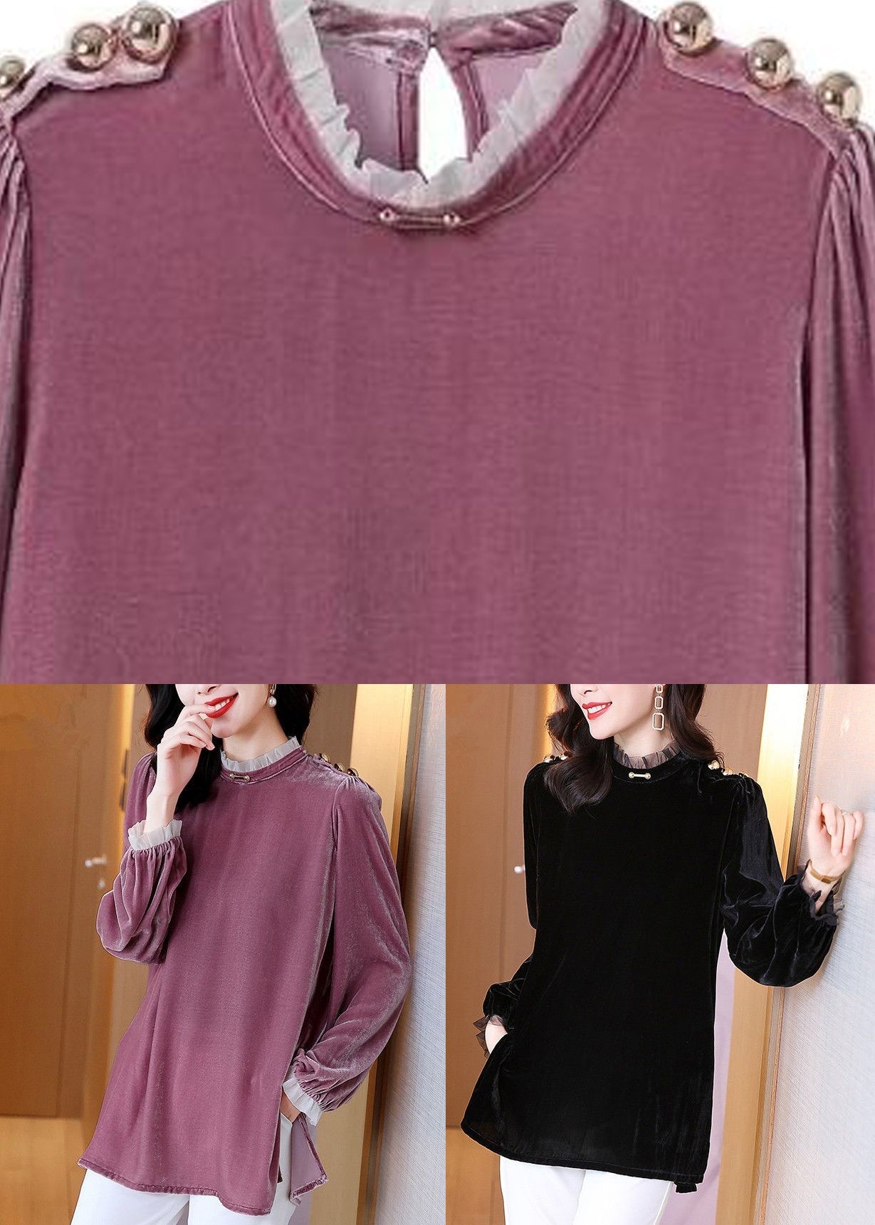 Black Silk Velour Side Open Tops Puff Sleeve