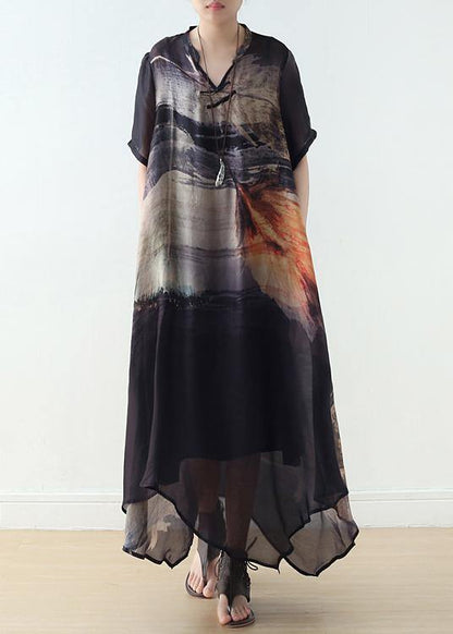 Black Silk Large Irregular Print Dress