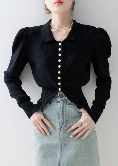 Black Silm Fit Knit Cardigan Side Open Puff Sleeve