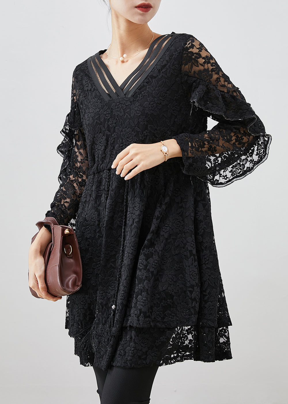Black Silm Fit Lace a Line Dress Tie Waist Fall
