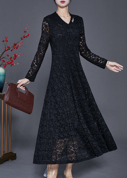 Black Silm Fit Lace a Line Dresses Hollow Out Spring