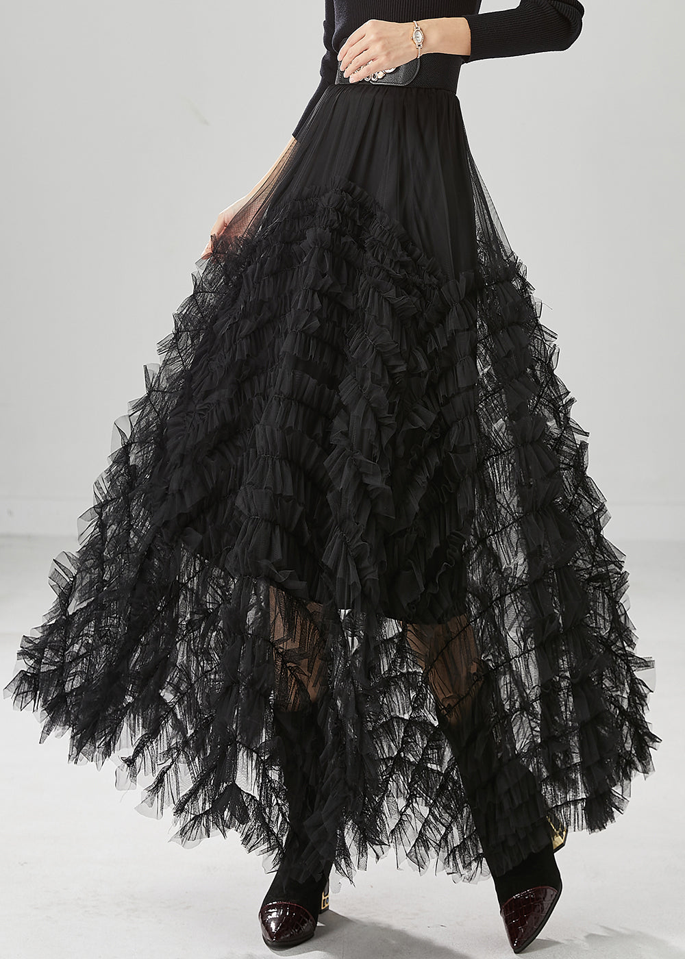 Black Silm Fit Tulle a Line Skirt Ruffled High Waist Fall
