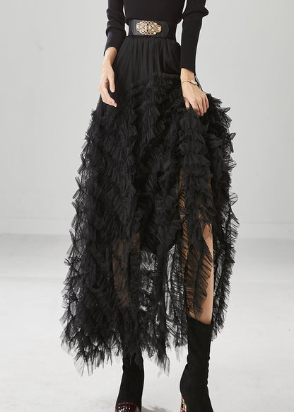 Black Silm Fit Tulle a Line Skirt Ruffled High Waist Fall