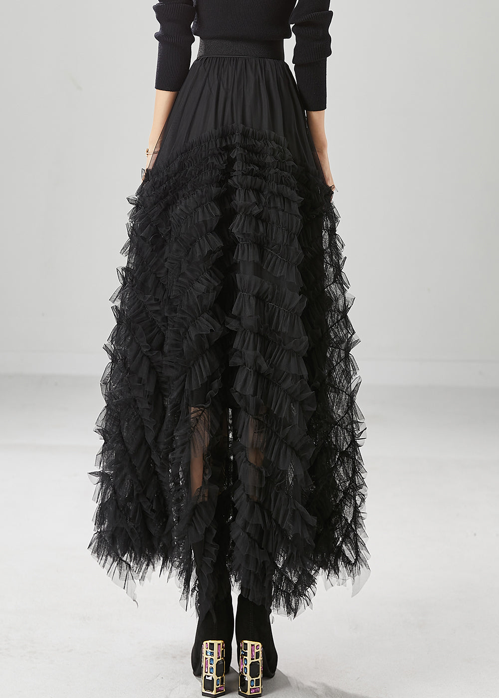 Black Silm Fit Tulle a Line Skirt Ruffled High Waist Fall