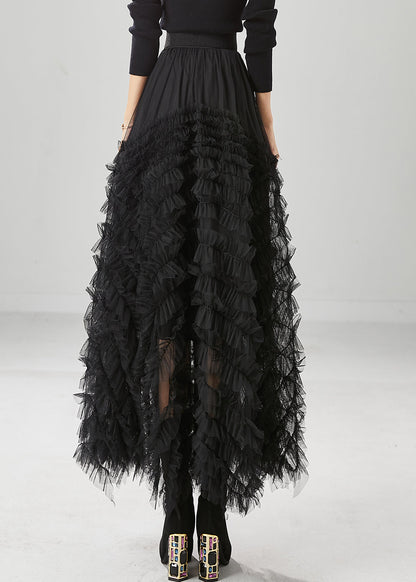 Black Silm Fit Tulle a Line Skirt Ruffled High Waist Fall