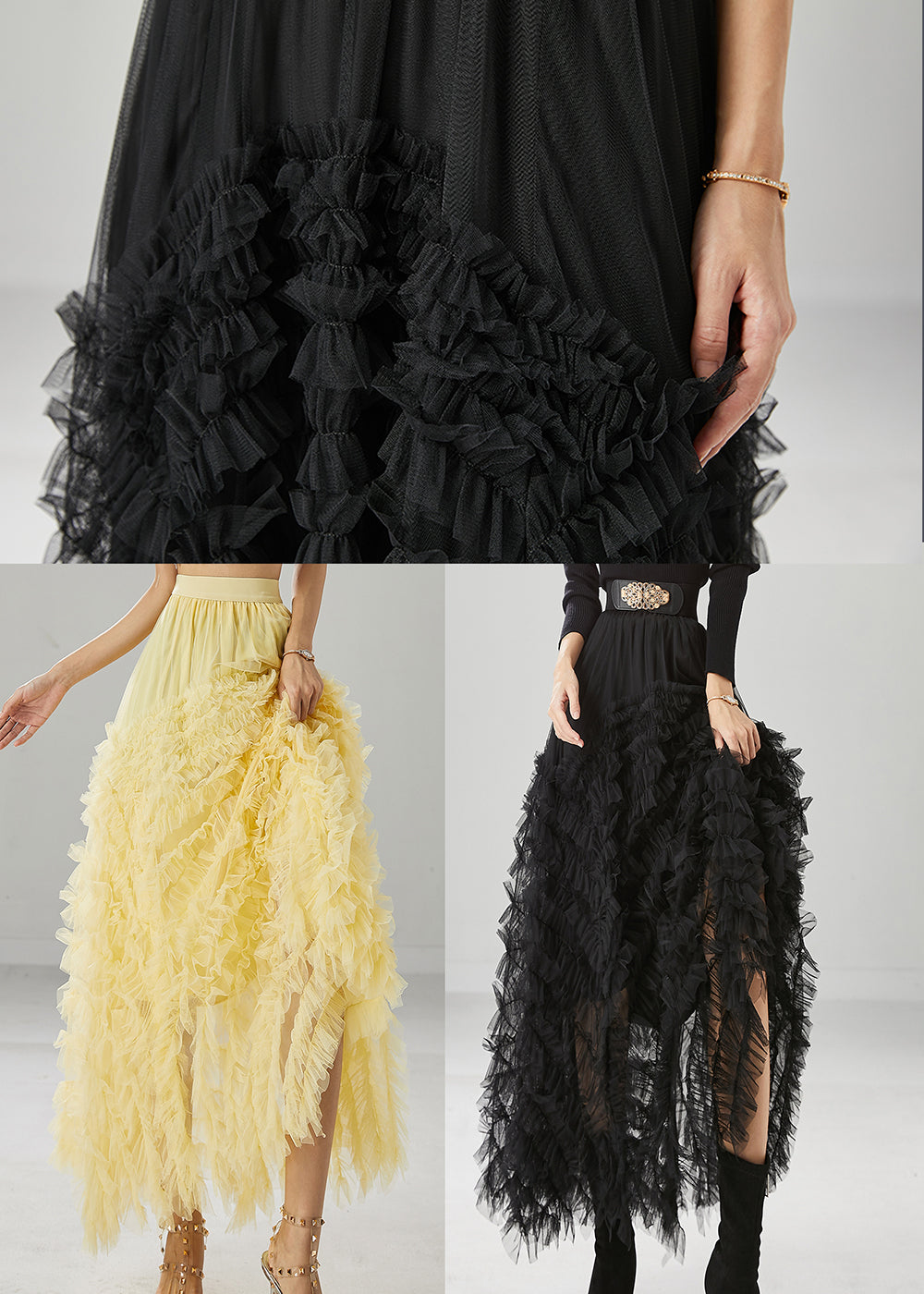 Black Silm Fit Tulle a Line Skirt Ruffled High Waist Fall