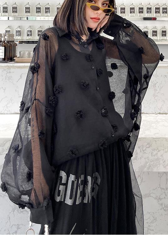 Black Simple Button Cinched Two Piece Set Women Clothing Chiffon Top