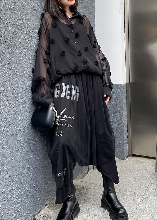 Black Simple Button Cinched Two Piece Set Women Clothing Chiffon Top