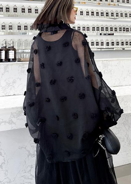 Black Simple Button Cinched Two Piece Set Women Clothing Chiffon Top