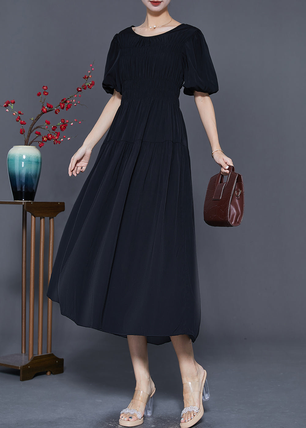Black Slim Fit Cotton Dresses O-neck Cinched Puff Sleeve